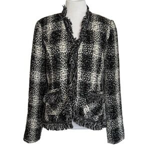 Vintage CAbi Jacket Womens Size 6 Black Cream Fringe Plaid Lined Unique